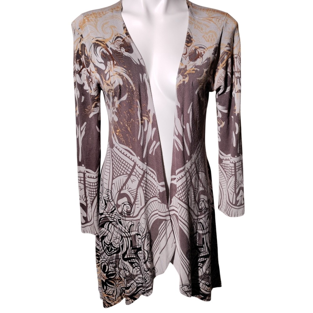 Christian Audigier Y2K Gray Gold Cardigan Bold Graphic Design Sz L - Imperfect